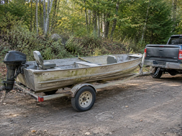 Long aluminum jon boat on a single-axle trailer beside a wooded roadside