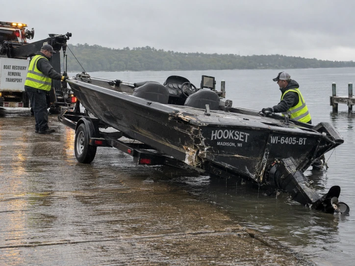 Two workers beside a scuffed fishing boat and trailer in shallow ramp water