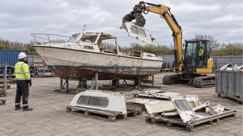 Illustration of excavator lifting a cabin panel from a weathered boat hull in a dismantling yard