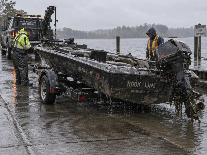 Workers and a mud-streaked fishing boat on a trailer at a rain-soaked launch ramp