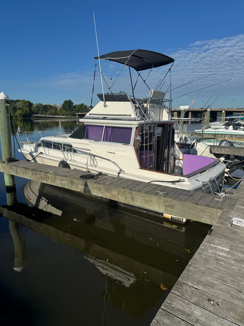 Flybridge motorboat tied alongside a marina dock