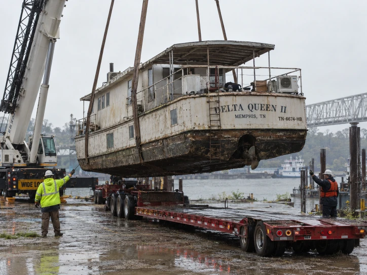 Two-level houseboat suspended above a multi-axle trailer near a riverside bridge