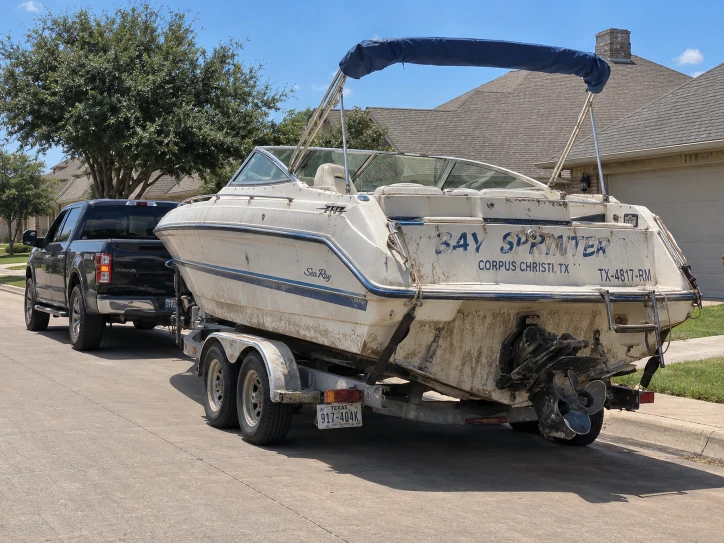 White runabout with a blue canopy on a trailer behind a pickup beside houses