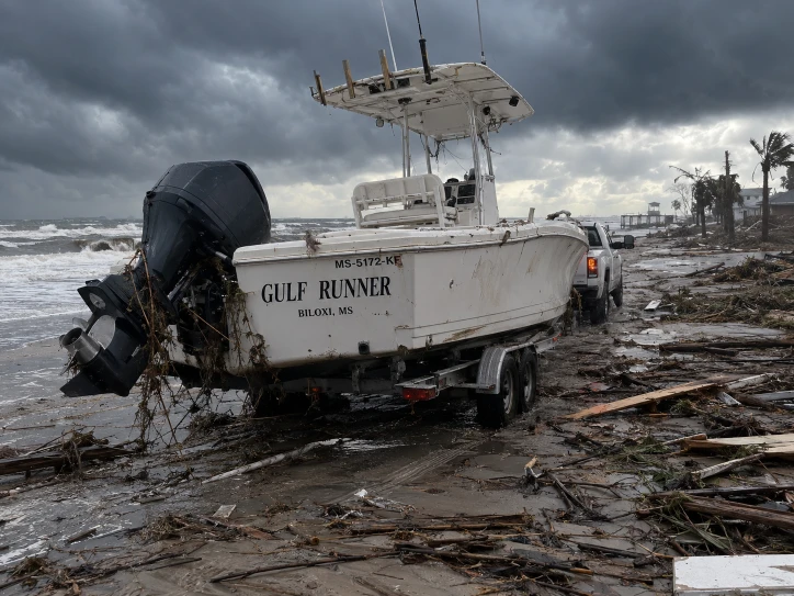 White fishing boat and outboard on a trailer beside driftwood and rough water