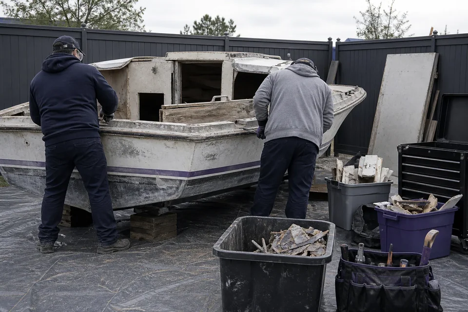 Two workers clearing the exposed cabin of an older motorboat