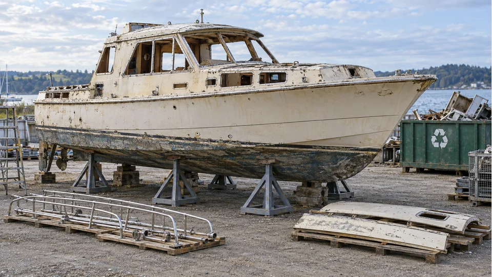 Illustration of weathered cream cabin boat on supports with removed rails and panels nearby