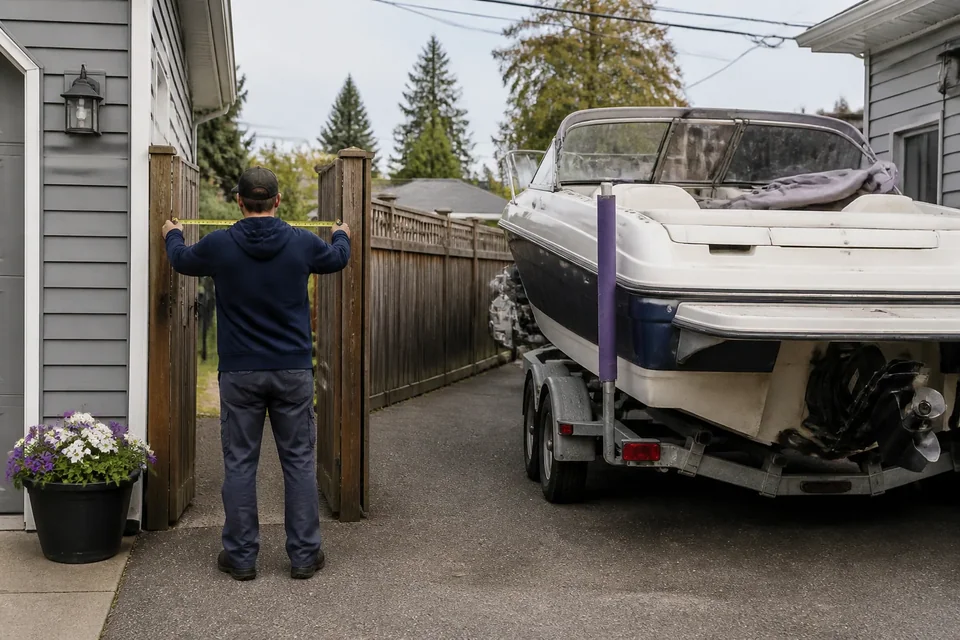 Worker beside a boat positioned in a narrow residential side yard