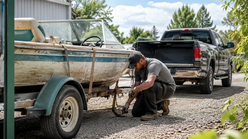 Worker checking a boat trailer beside a pickup truck